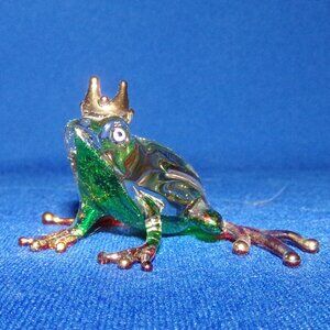 Vintage Blown Glass Frog Prince w/ Gold Crown - Multi-Colored Figurine Mini